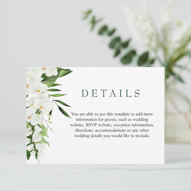 Elegant White Orchids Bohemian Wedding Details  Enclosure Card (Standing Front)
