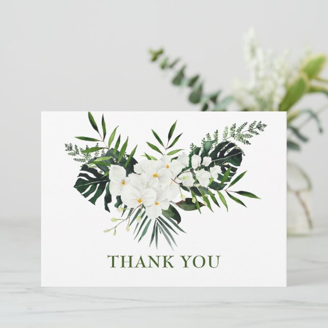 Elegant White Orchids Bohemian Wedding Floral Thank You Card (Standing Front)
