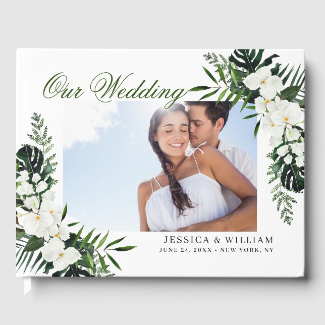 Elegant White Orchids Bohemian Wedding Photo Guest Book (Front)
