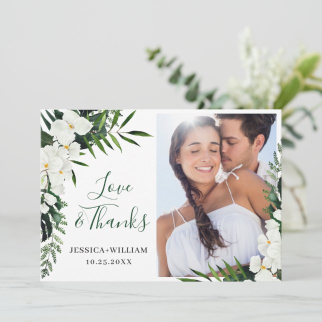 Elegant White Orchids Bohemian Wedding PHOTO Thank You Card (Standing Front)
