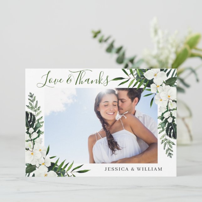 Elegant White Orchids Bohemian Wedding PHOTO Thank You Card (Standing Front)