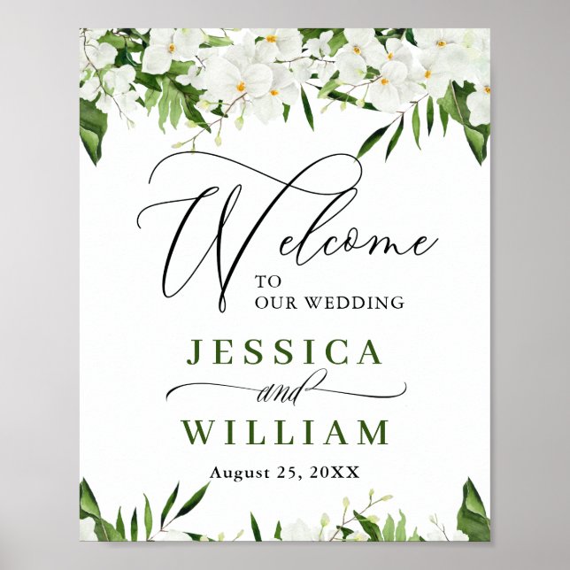 Elegant White Orchids Bohemian Wedding Welcome Poster (Front)