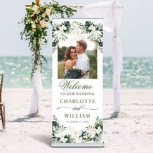 Elegant White Orchids Boho PHOTO Wedding Welcome Retractable Banner