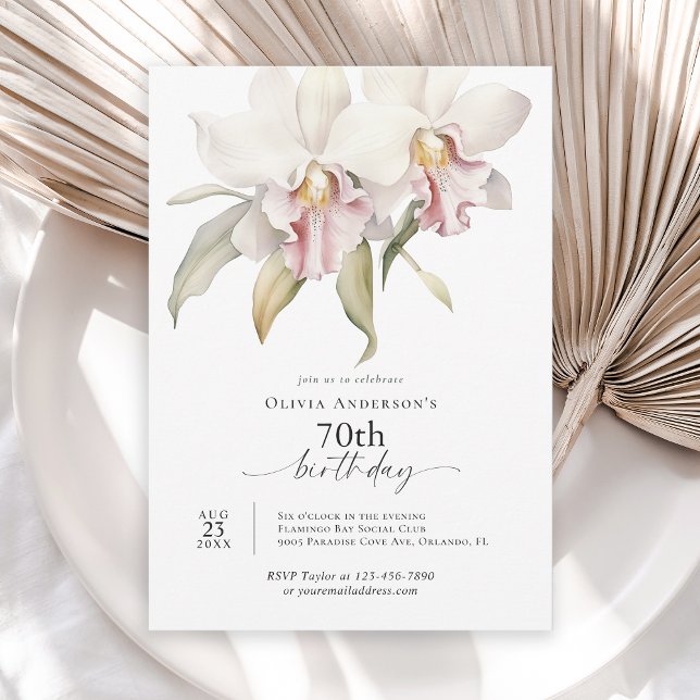 Elegant White Orchids Floral 70th Birthday Invitation (Available in both printed and instant download digital formats.)