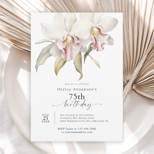 Elegant White Orchids Floral 75th Birthday Invitation (Available in both printed and instant download digital formats.)
