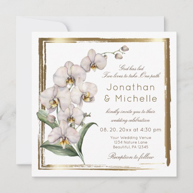 Elegant White Orchids Gold Frame Christian Wedding Invitation (Front)