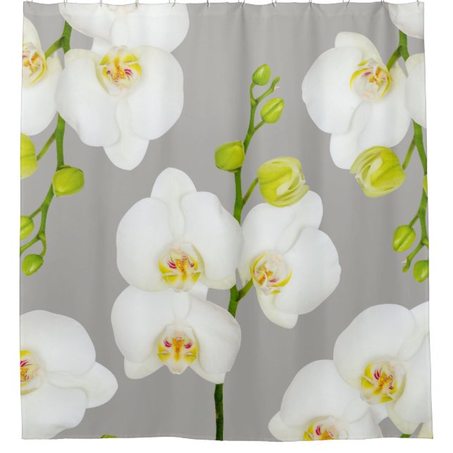 Elegant White Orchids & Light Grey Shower Curtain (Front)