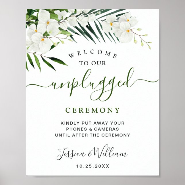 Elegant White Orchids Unplugged Wedding Ceremony Poster (Front)