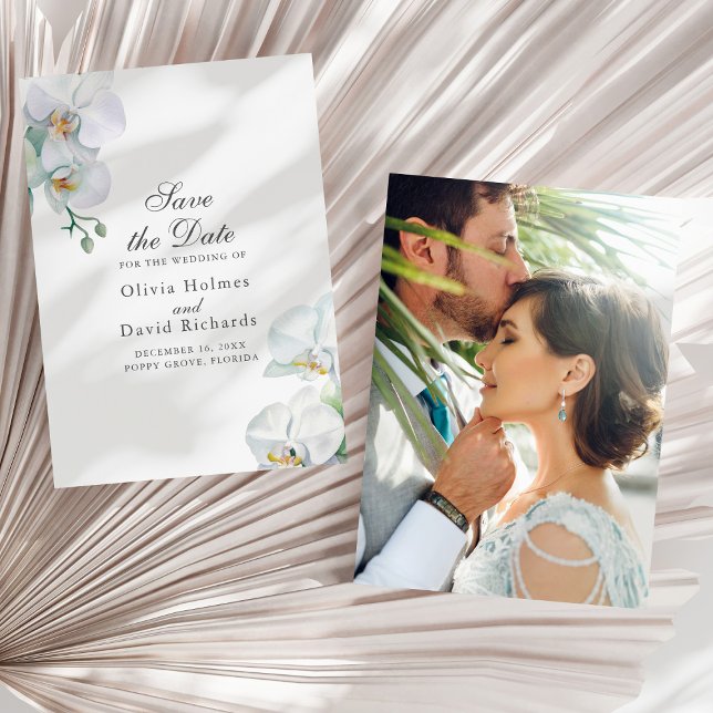 Elegant White Orhids Photo Wedding Save the Date (Elegant White Orhids Photo Wedding Save the Date on a sunny white dry palm leaf.)