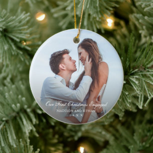 Elegant White Our First Christmas Engaged Photo Ceramic Tree Decoration