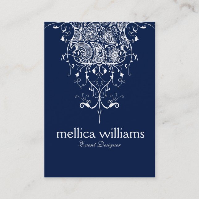 Elegant White Paisley Lace Navy Blue background Business Card (Front)