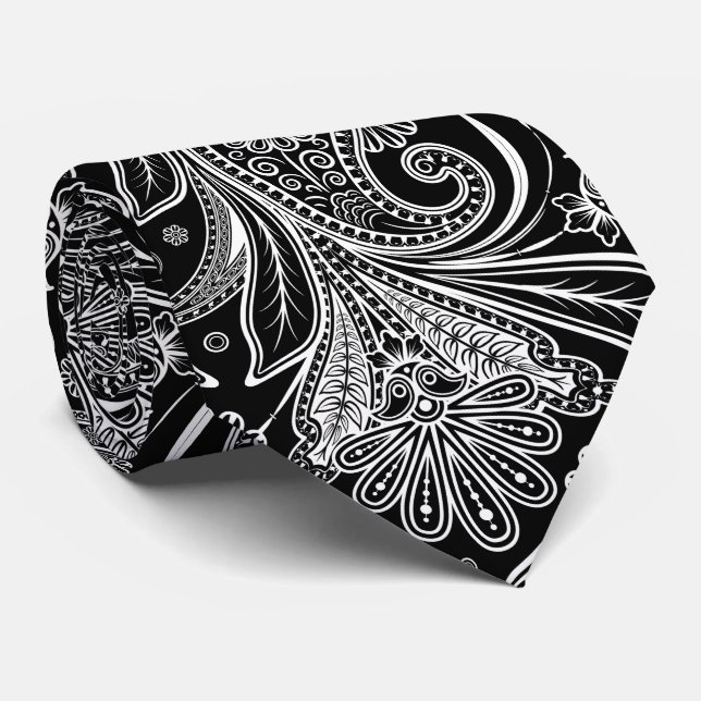 Elegant White Paisley On Black Background Tie (Rolled)