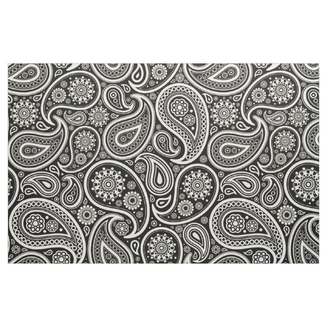 Elegant White Paisley Over Black Background Fabric (Fat Quarter)