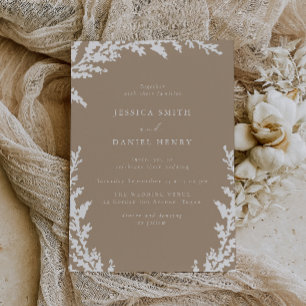 Elegant White Pale Taupe Boho Leaf Wedding Invitation