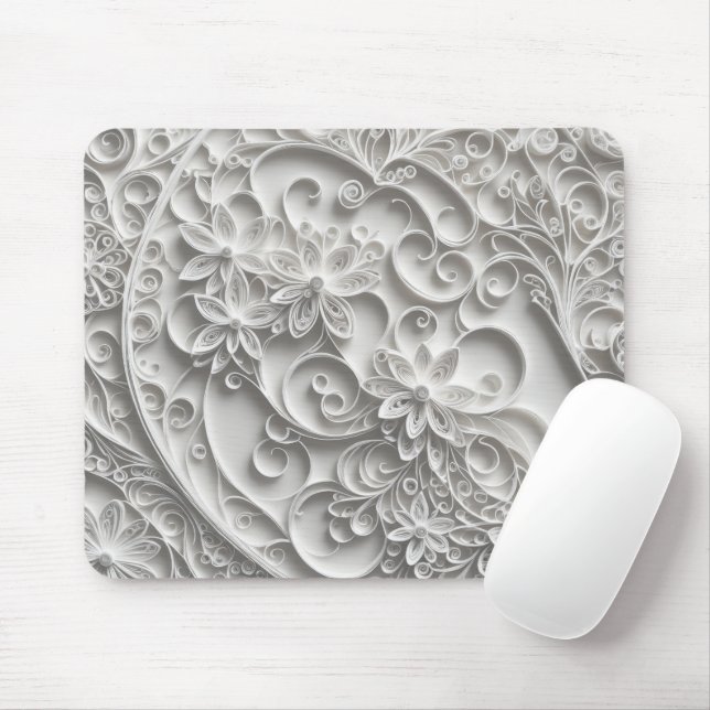 Elegant White Paper Quilling Design Mouse Mat (With Mouse)