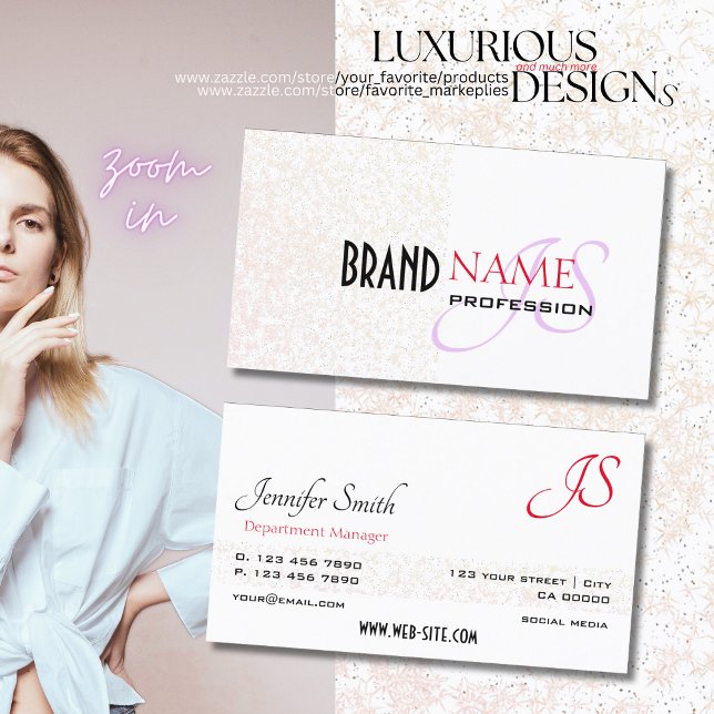 Elegant White Pastel Purple Glitter Stars Monogram Business Card (Creator Uploaded)