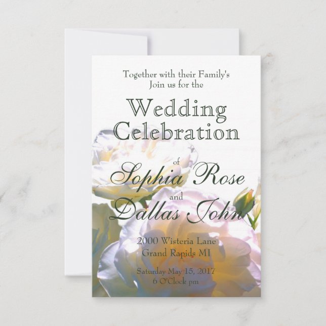 Elegant white peach orange blush roses invitation (Front)