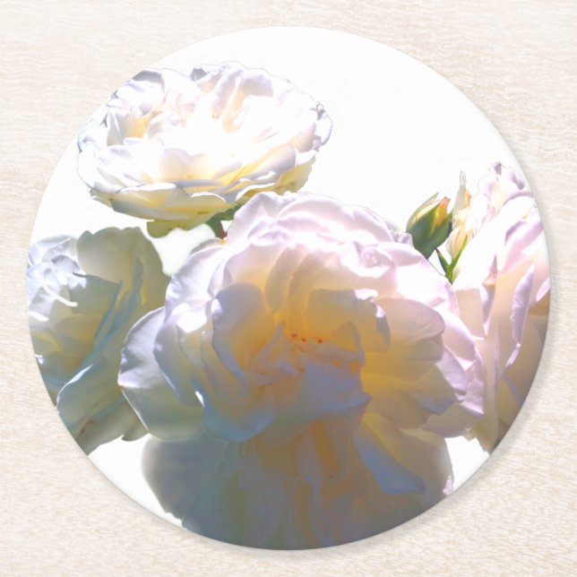 Elegant white peach orange blush roses round paper coaster (Front)