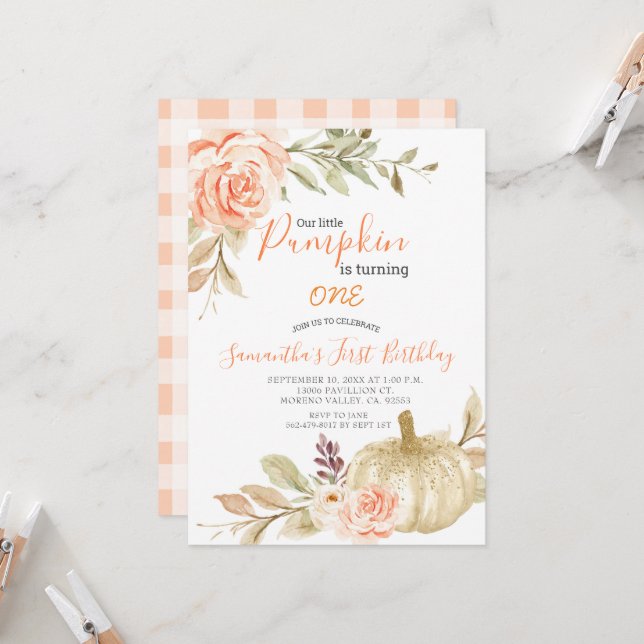 Elegant White Peach Watercolor Fall Pumpkin Invite (Front/Back In Situ)