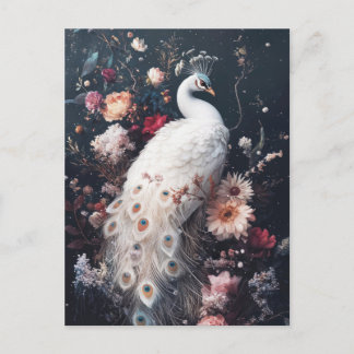 Elegant White Peacock in Floral Night Garden Postcard