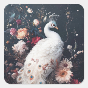 Elegant White Peacock with Teal Eyespot Feathers Square Sticker