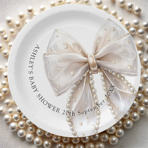 Elegant White Pearl Bow Baby Shower Paper Plate