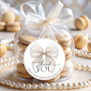 Elegant White Pearl Bow Baby Shower Thank You  Classic Round Sticker