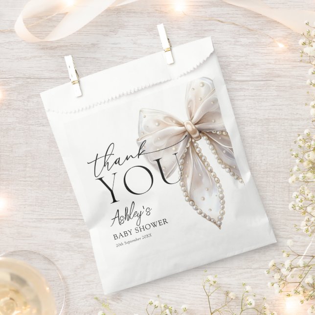 Elegant White Pearl Bow Baby Shower Thank You Favour Bags (Clipped)
