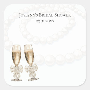 Elegant White Pearls & Prosecco Bridal Shower Square Sticker
