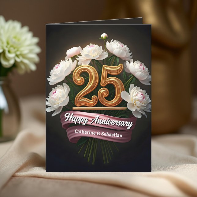 Elegant White Peonies 25th Wedding Anniversary Card (Creator Uploaded)