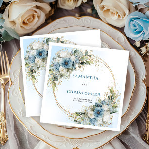 Elegant White Peonies Blue Gold Wedding Napkins