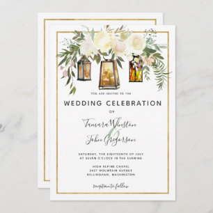 Elegant White Peonies & Rustic Gold Lanterns Invitation