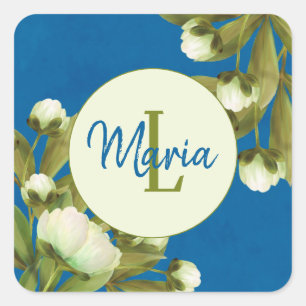 Elegant White Peonies with Blue Painted Floral Square Sticker