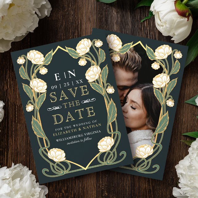 Elegant White Peony Art Nouveau Wedding Photo Save The Date (Creator Uploaded)
