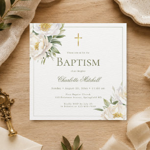 Elegant White Peony Floral Baptism Invitation