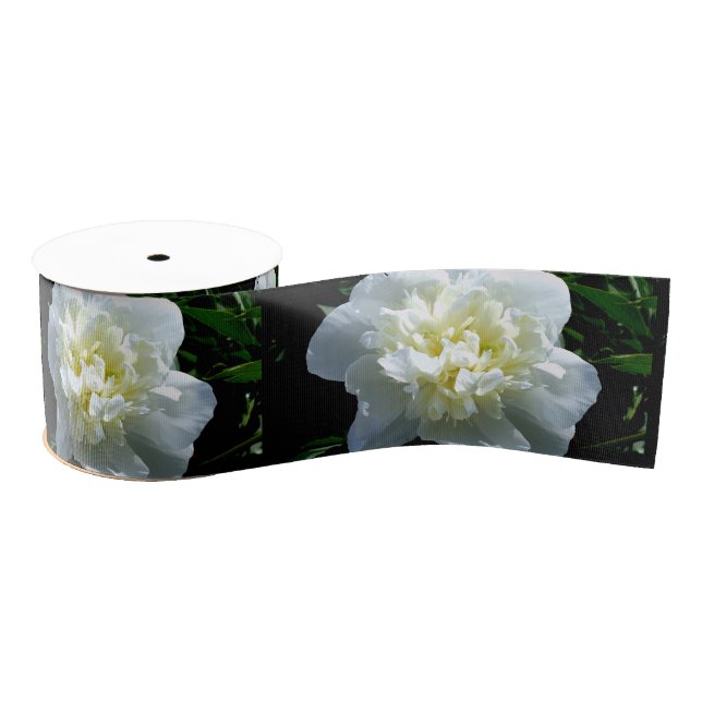 Elegant white peony floral white flower photo grosgrain ribbon (Spool)