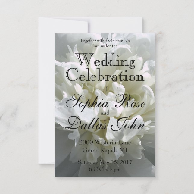 Elegant white peony floral white flower photo invitation (Front)
