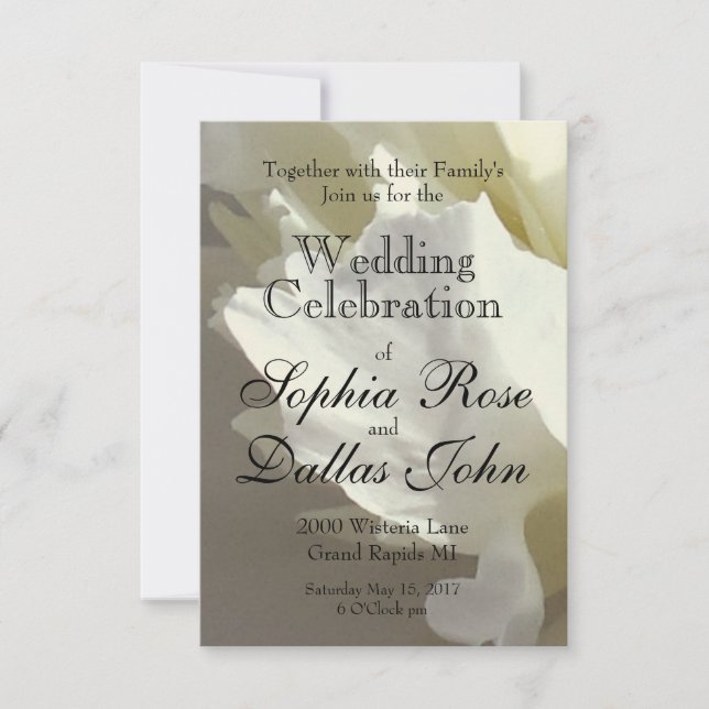 Elegant white peony floral white flower photo invitation (Front)