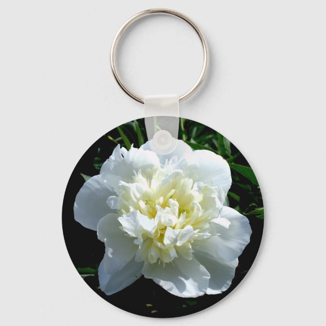 Elegant white peony floral white flower photo key ring (Front)