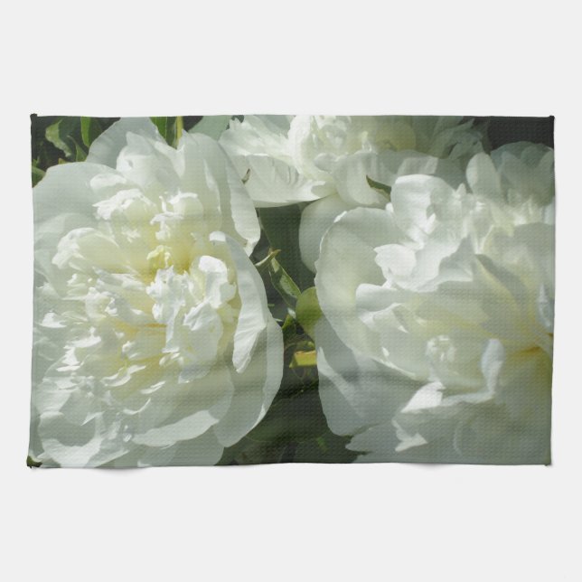 Elegant white peony floral white flower photo tea towel (Horizontal)