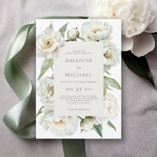 Elegant White Peony & Sage Green Floral Wedding Invitation