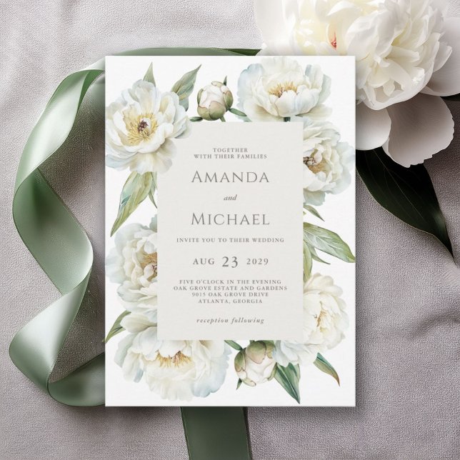 Elegant White Peony & Sage Green Floral Wedding Invitation (Available in both printed and instant download digital formats.)