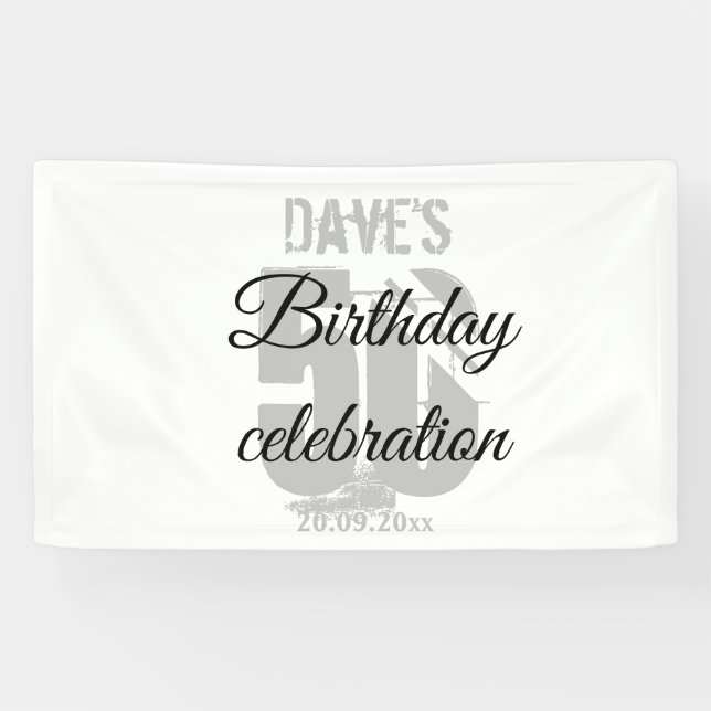 Elegant White Personalised 50th Any Birthday Party Banner (Horizontal)