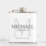 Elegant White Personalised Groomsmen Hip Flask<br><div class="desc">Add a personal touch to your wedding with personalised groomsmen flask.
This flask features personalised groomsman's name with title and wedding date in grey and monogram in light grey as background,  in classic serif font style,  on white background.

Also perfect for best man,  father of the bride and more.</div>