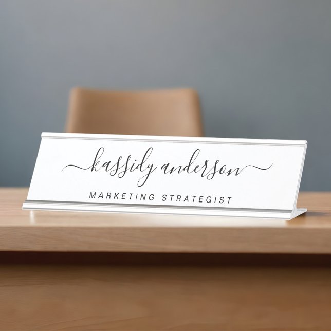 Elegant White Personalised Name Script Calligraphy Desk Name Plate (Elegant White Personalized Name Script Calligraphy Desk Name Plate)