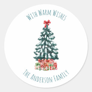 Elegant White Personalised Snowy Christmas Tree Classic Round Sticker