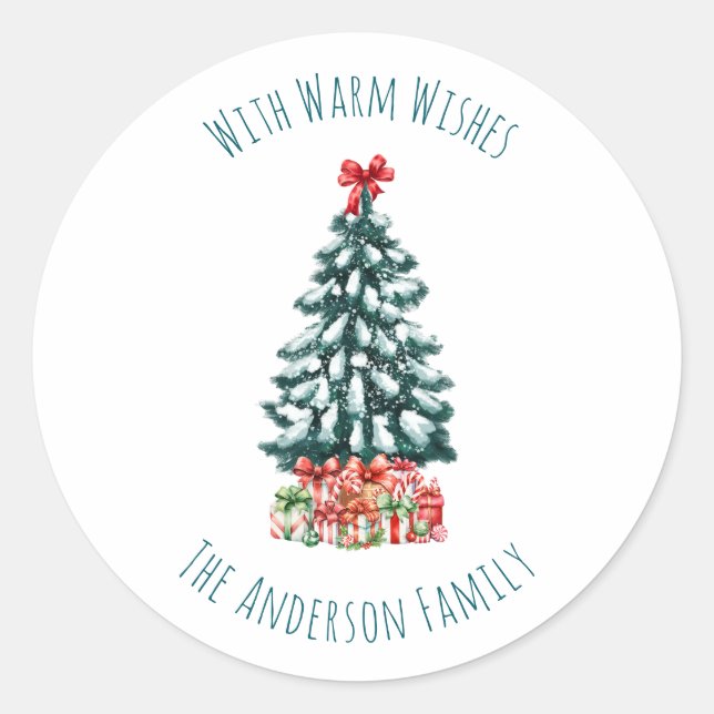 Elegant White Personalised Snowy Christmas Tree Classic Round Sticker (Front)