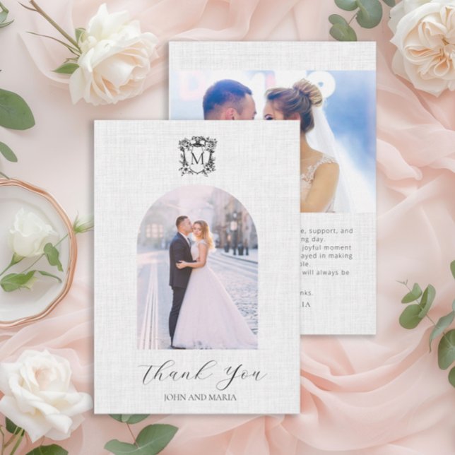 Elegant White Photo Arch Crest Wedding Thank You Card (Elegant arch photo wedding thank you card with crest)