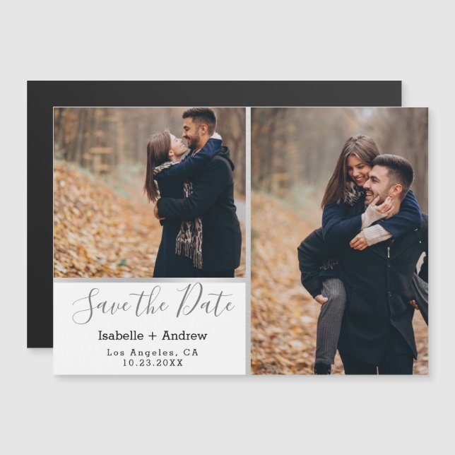 Elegant White Photo Collage Silver Save the Date Magnetic Invitation (Front/Back)
