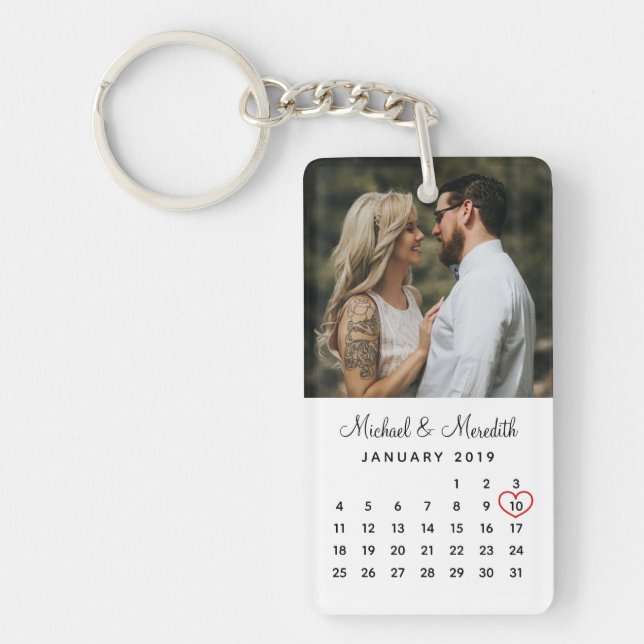 Elegant White Photo Wedding Anniversary Calendar   Key Ring (Front)